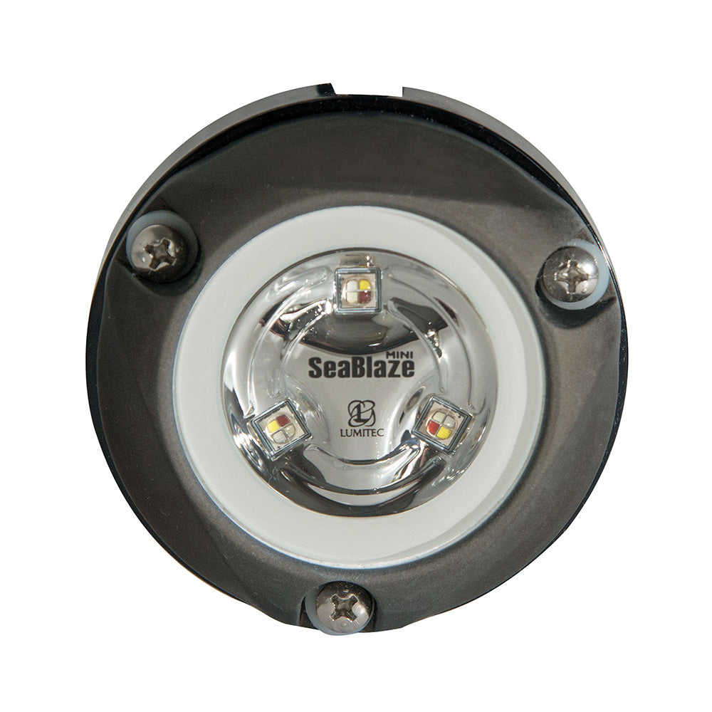 SeaBlaze Mini LED underwater boat light with Lumitec branding, circular design, and three visible LEDs