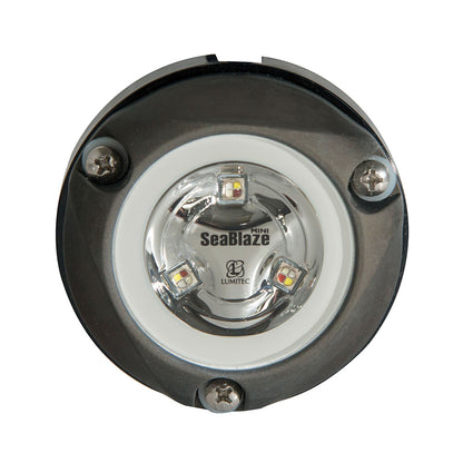 SeaBlaze Mini LED underwater boat light with Lumitec branding, circular design, and three visible LEDs