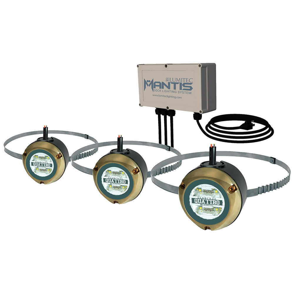 Lumitec Mantis dock lighting system with three Quattro LED fixtures and control box