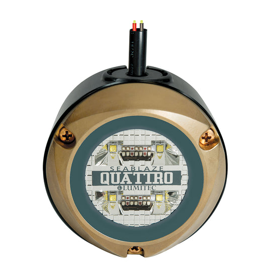 Seablaze Quattro LED marine light with gold housing and wiring, ideal for boat illumination and underwater lighting.