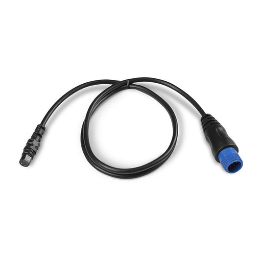 Black audio cable with blue and black connectors for car stereo installation
