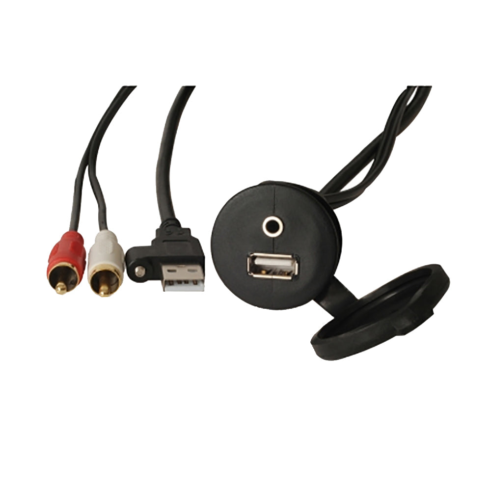 Car audio adapter with USB, AUX, and RCA connectors for vehicle stereo integration
