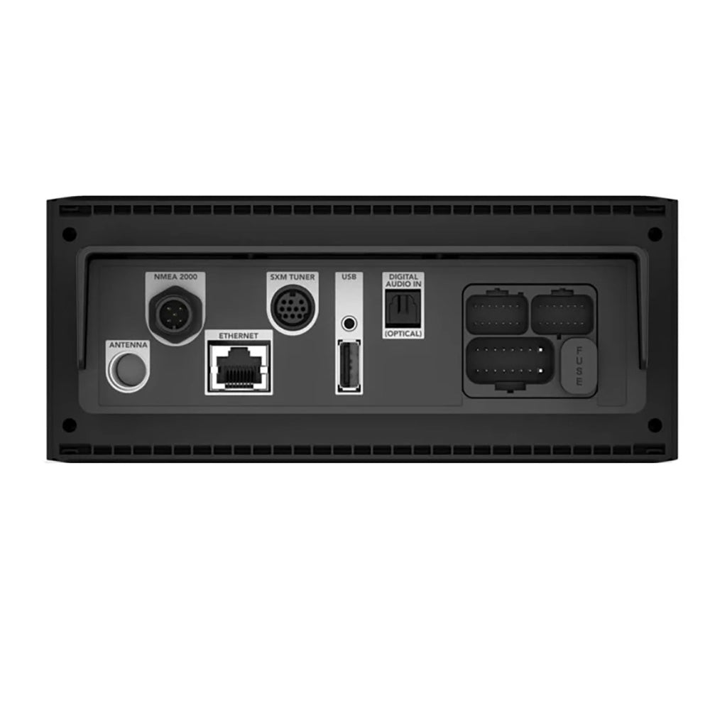 Rear panel of car stereo with NMEA 2000, Ethernet, USB, optical audio, and antenna ports for marine or auto audio installation