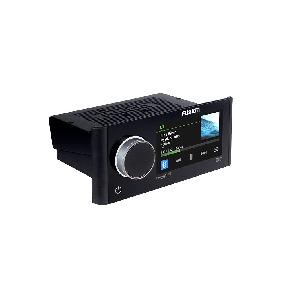 Fusion marine stereo with touchscreen display, Bluetooth, and SiriusXM, featuring volume knob and Wi-Fi connectivity.