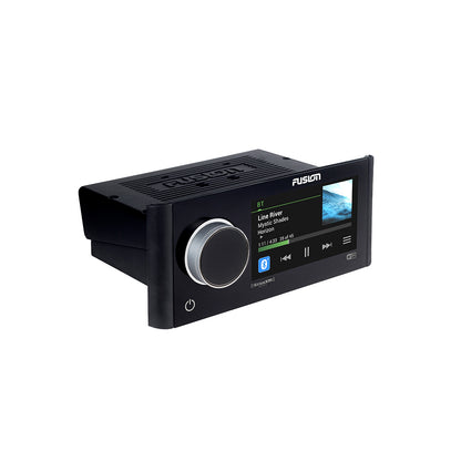 Fusion marine stereo with touchscreen display, Bluetooth, and SiriusXM, featuring volume knob and Wi-Fi connectivity.