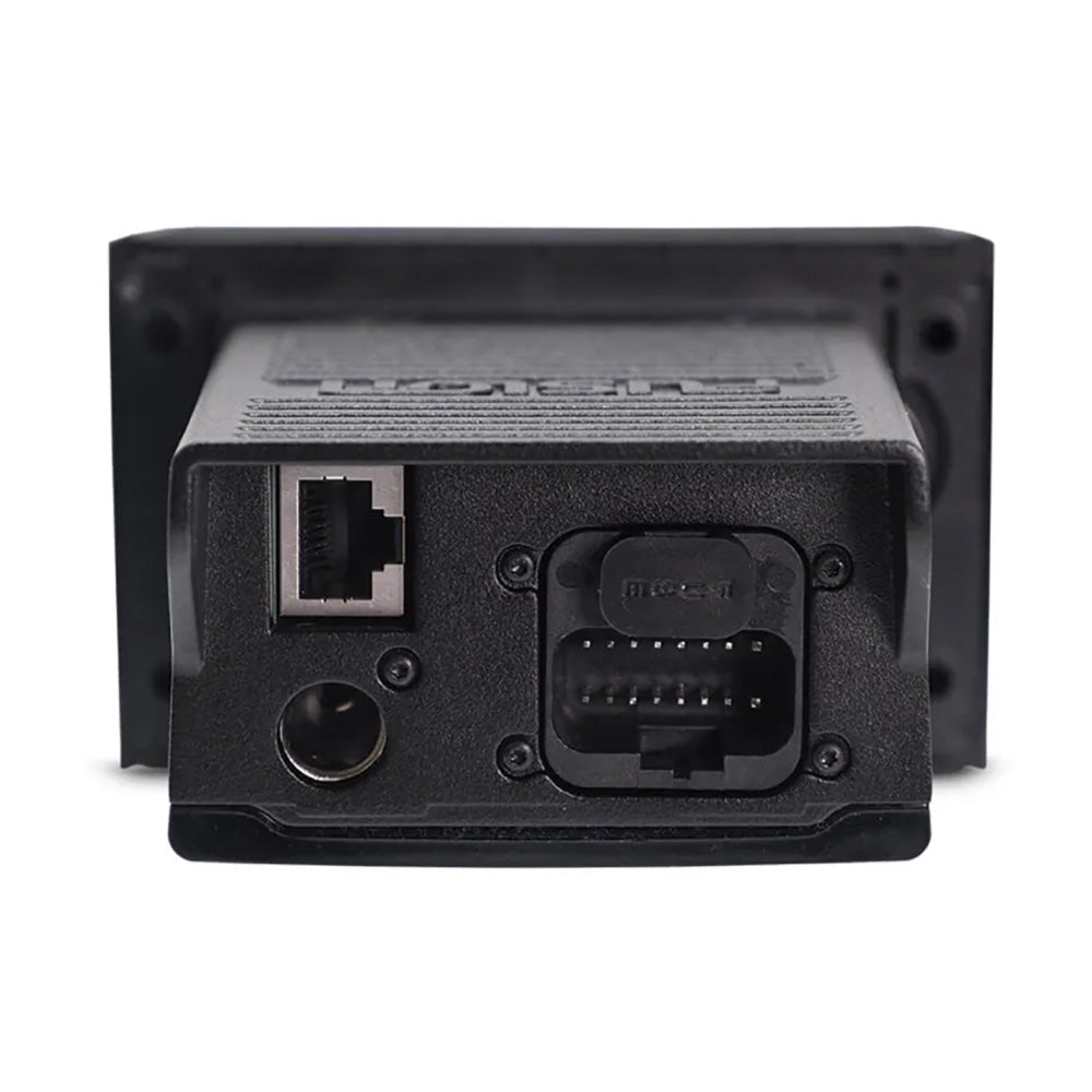 Black car audio interface with Ethernet and multi-pin connectors for vehicle integration