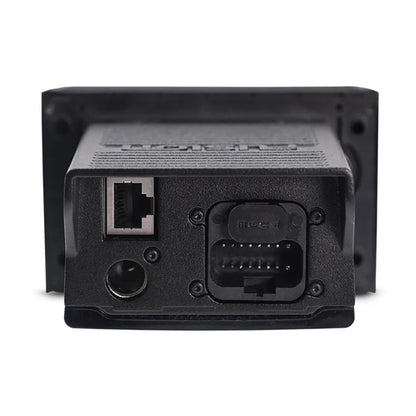 Black car audio interface with Ethernet and multi-pin connectors for vehicle integration