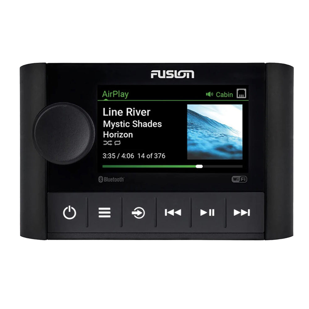 Fusion marine stereo with AirPlay, Bluetooth, Wi-Fi, displaying song Line River on screen