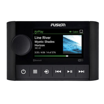 Fusion marine stereo with AirPlay, Bluetooth, Wi-Fi, displaying song Line River on screen