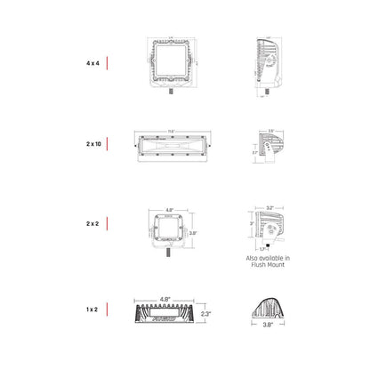 Rigid Industries LED light bar technical diagrams with dimensions for 4x4, 2x10, 2x2, and 1x2 models