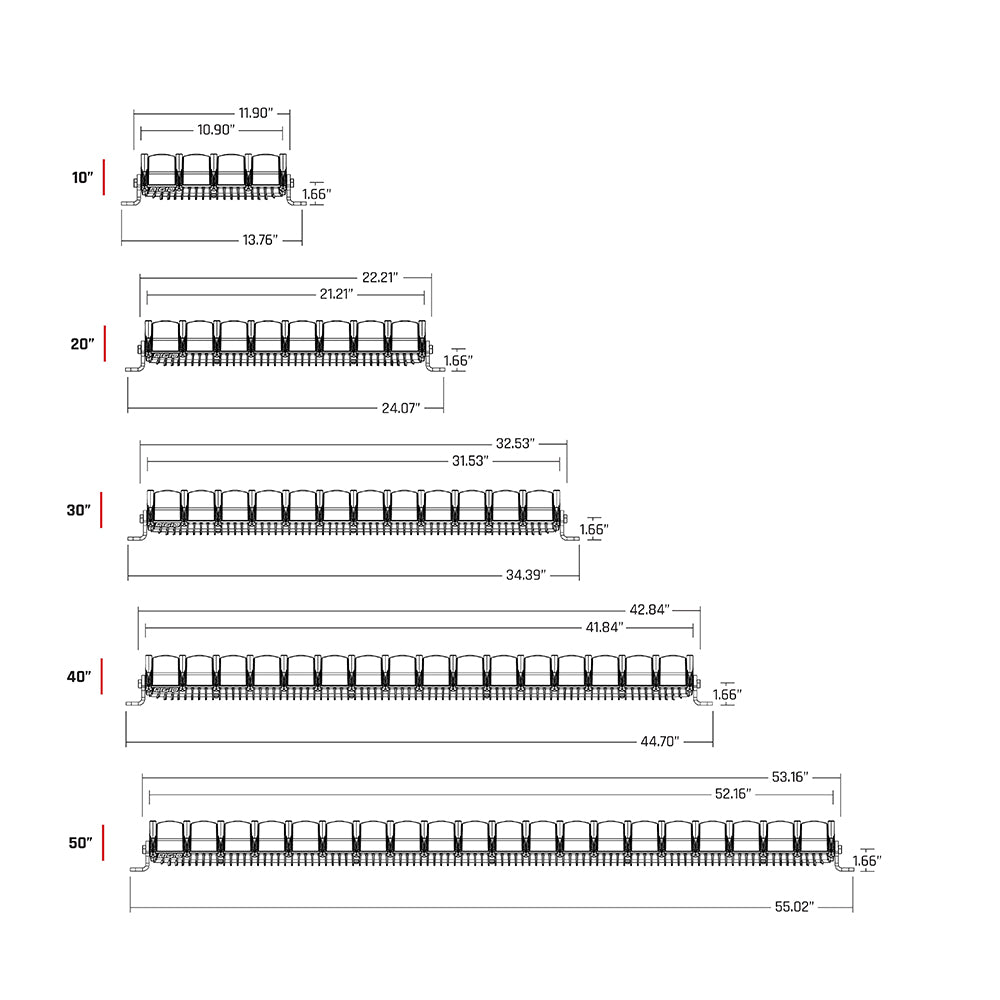 Technical diagram showing 10” to 50” LED light bar dimensions for auto or commercial use