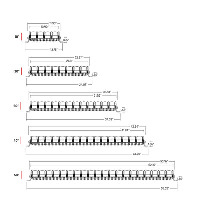 Technical diagram showing 10" to 50" LED light bar dimensions for auto installation