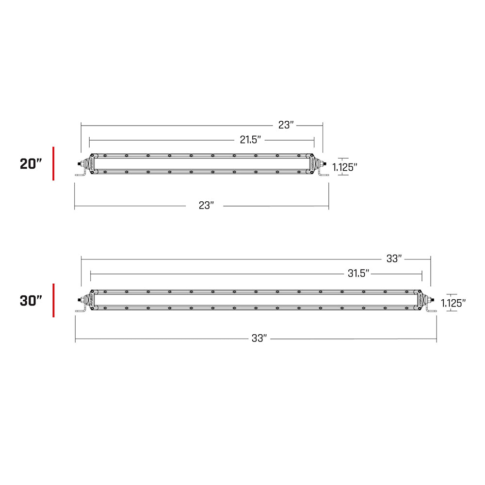 20-inch and 30-inch LED light bar dimensions for off-road truck or SUV installation
