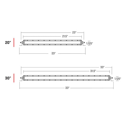 20-inch and 30-inch LED light bar dimensions for off-road truck or SUV installation