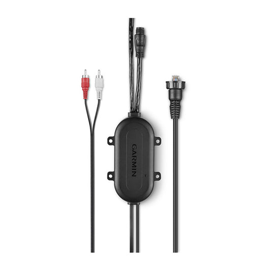 Garmin audio adapter with RCA and Ethernet cables for car stereo integration
