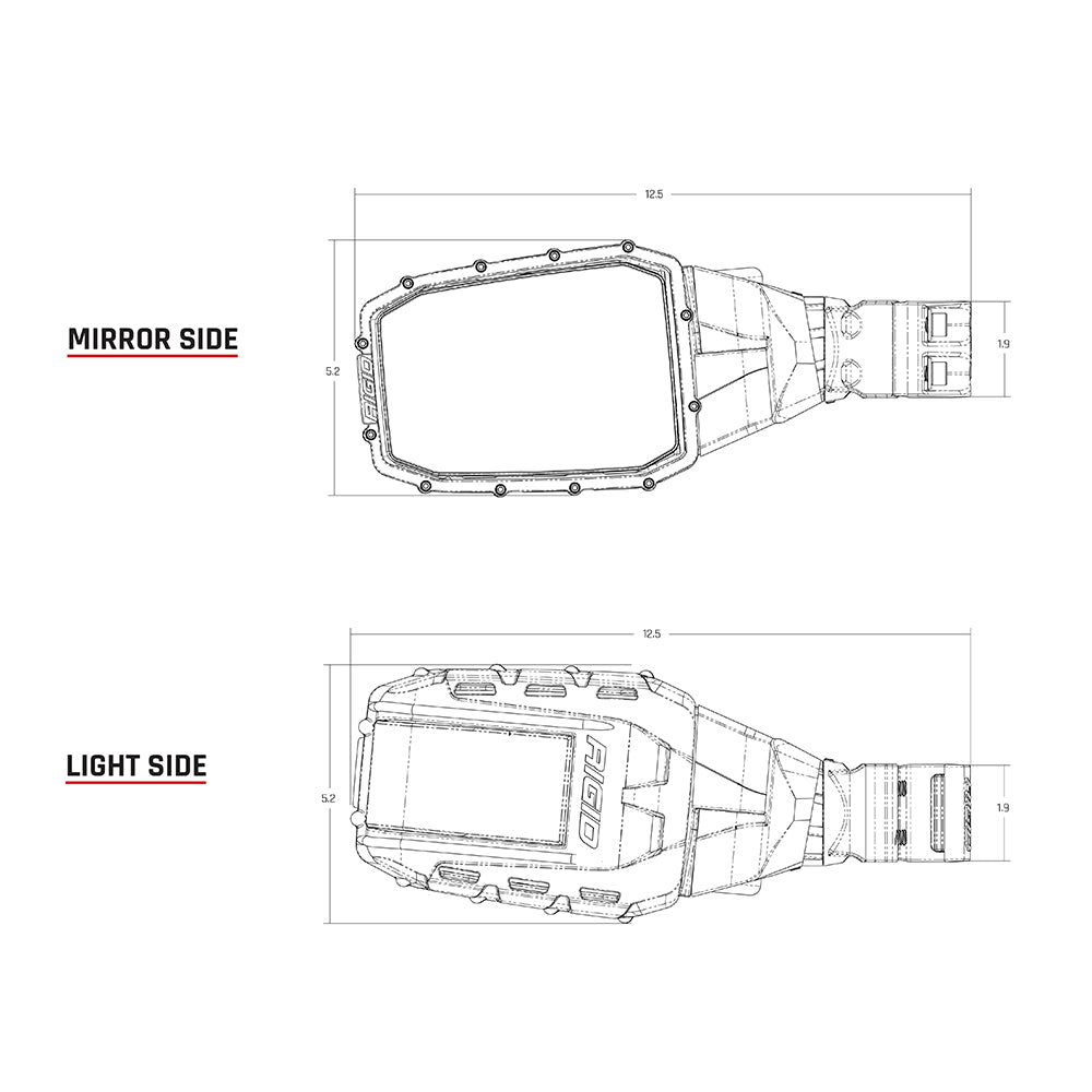 Rigid Industries light bar technical diagram showing mirror and light side dimensions for auto installation