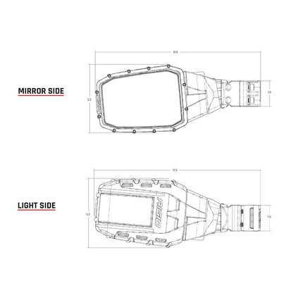 Rigid Industries light bar technical diagram showing mirror and light side dimensions for auto installation