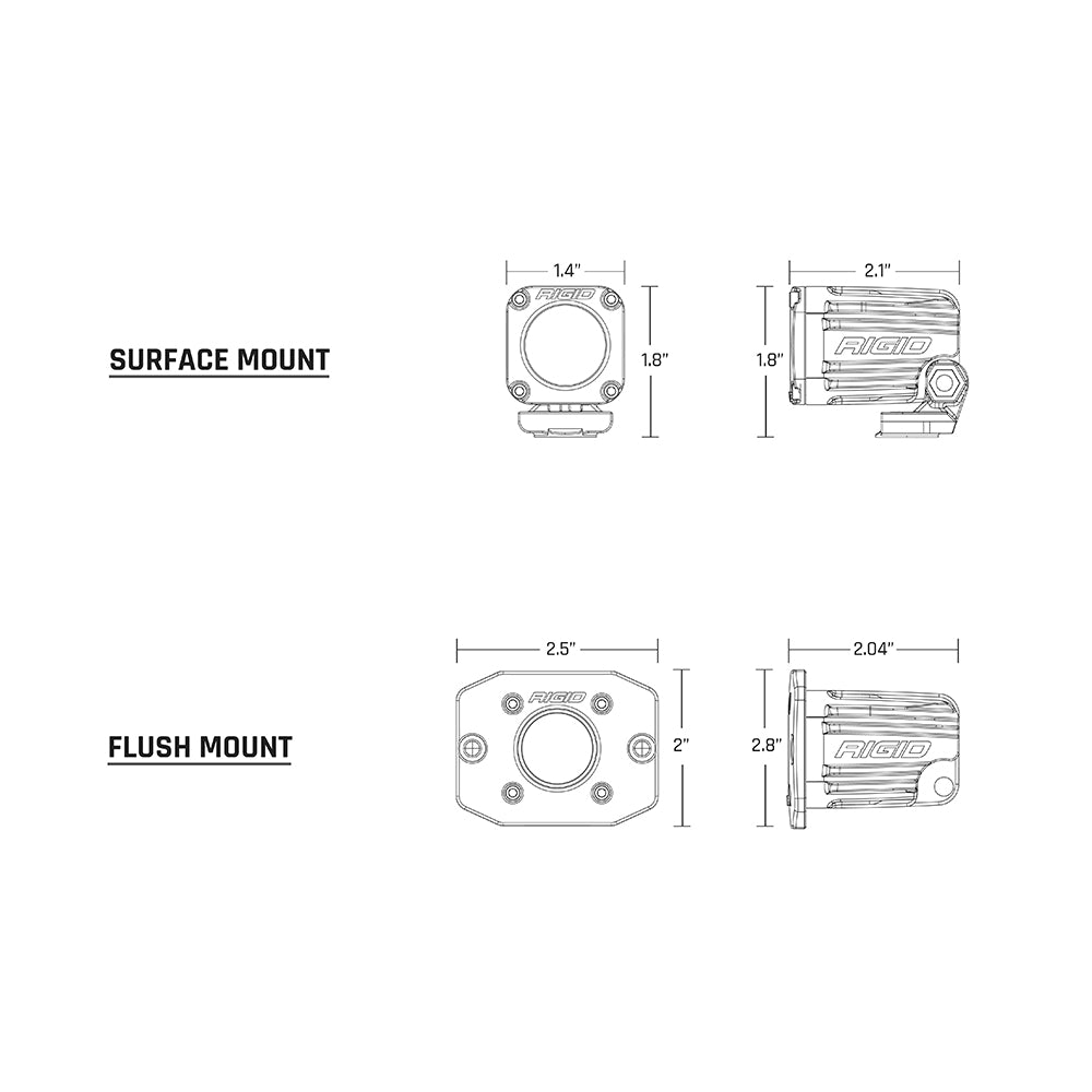 Rigid Industries surface and flush mount light brackets with dimensions for auto installation