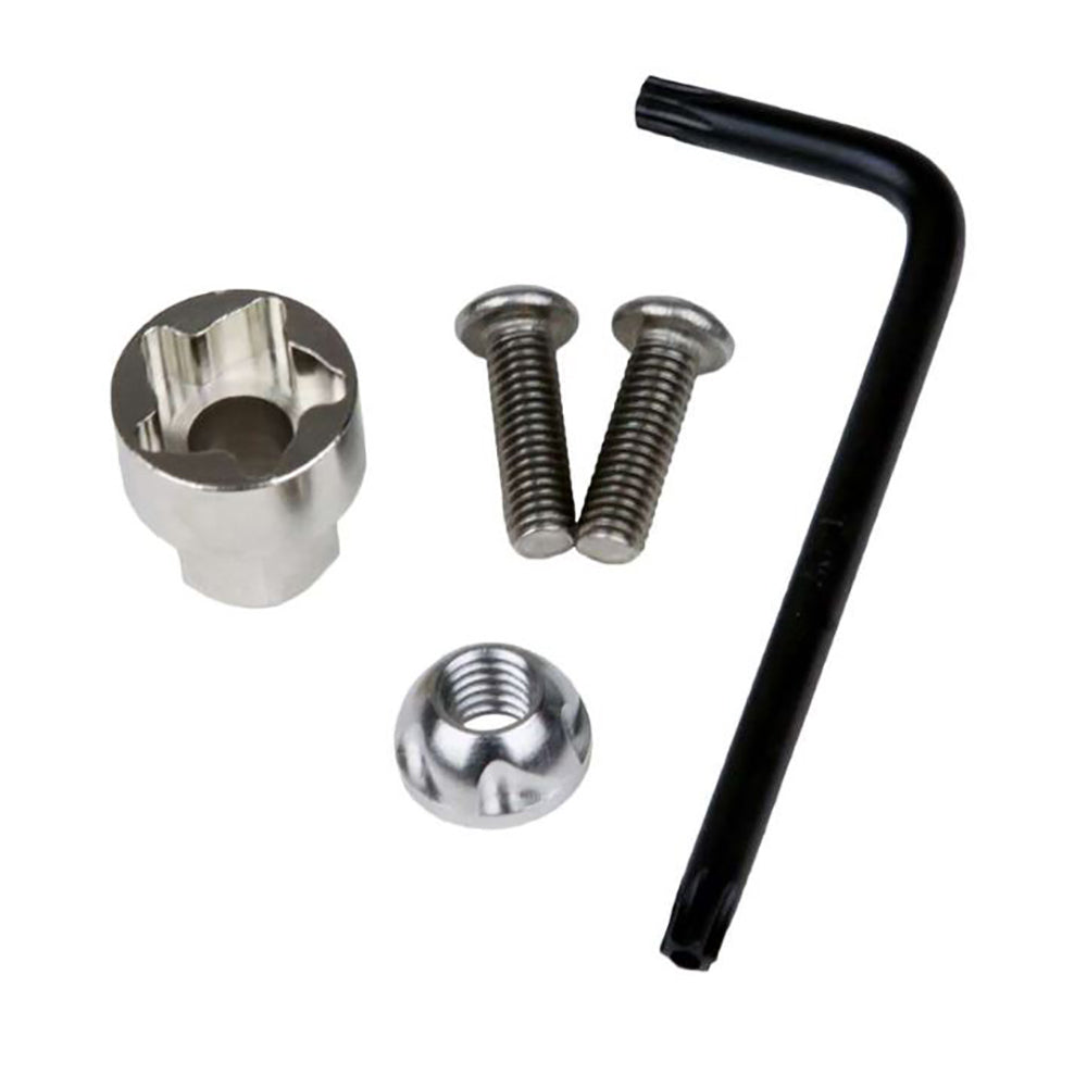 Stainless steel audio mounting hardware kit with screws, nut, and Allen wrench for car stereo installation