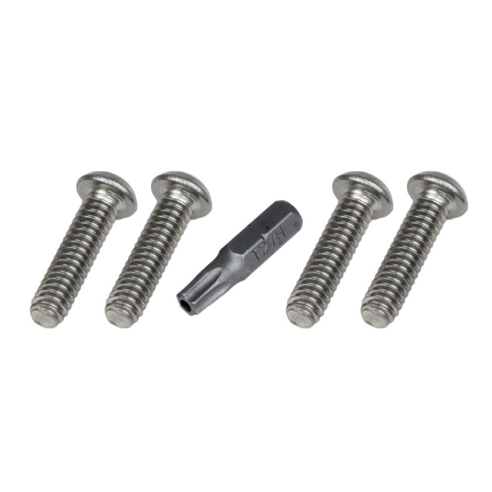 Four stainless steel screws with T27H Torx bit for auto audio installation hardware