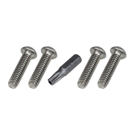 Four stainless steel screws with T27H Torx bit for auto audio installation hardware