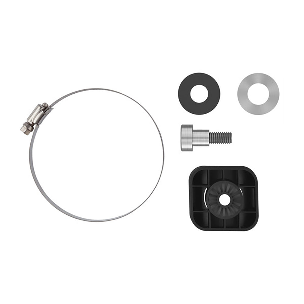 Stainless steel hose clamp, bolt, washers, and black plastic mount for auto audio or vehicle installation