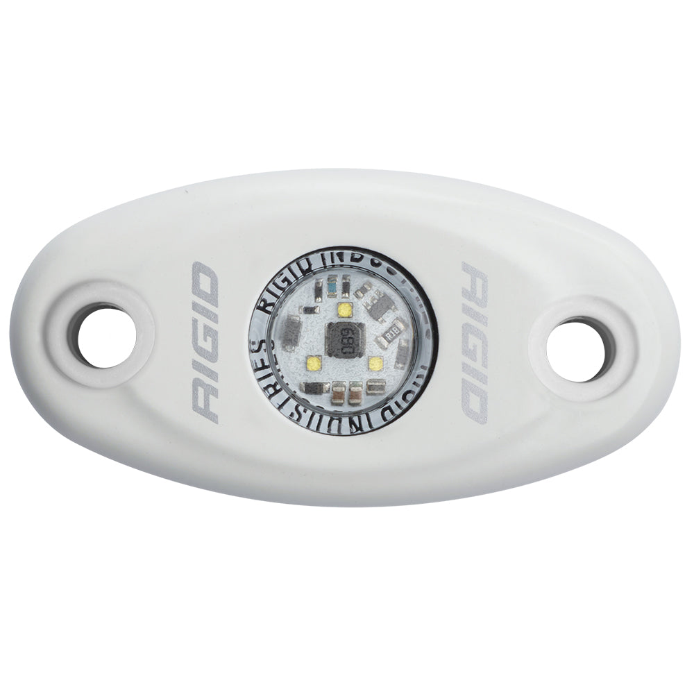 Rigid Industries LED light pod, compact white housing with mounting holes, ideal for auto or marine use