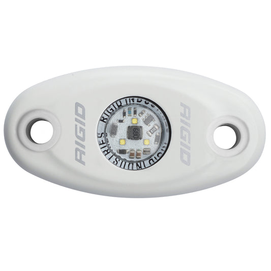 Rigid Industries LED light pod, compact white housing with mounting holes, ideal for auto or marine use