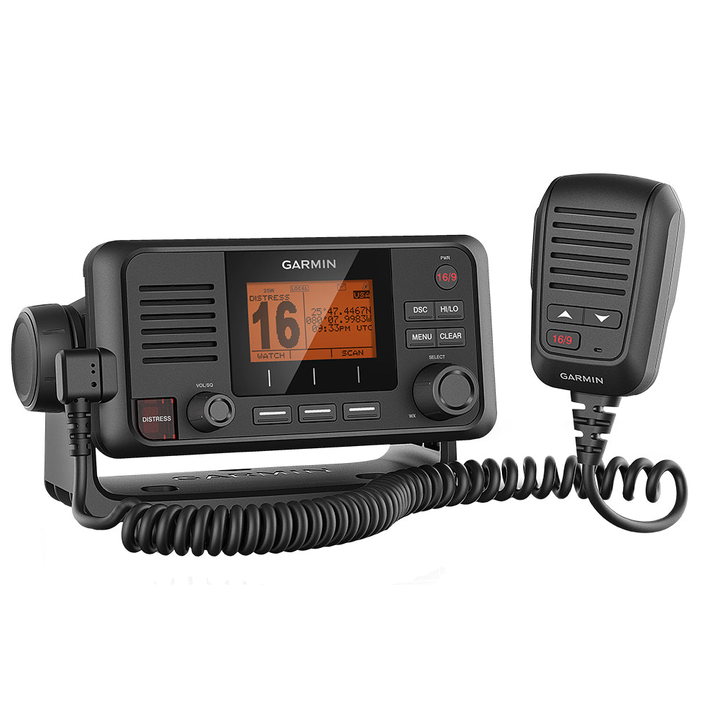 Garmin marine VHF radio with handheld mic, displaying channel 16 and GPS coordinates for boating safety.