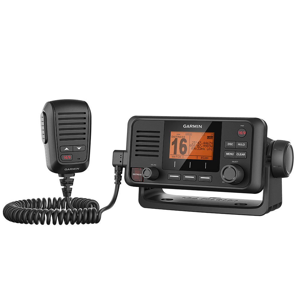 Garmin marine VHF radio with handheld mic, digital display, and control knobs for boat communication