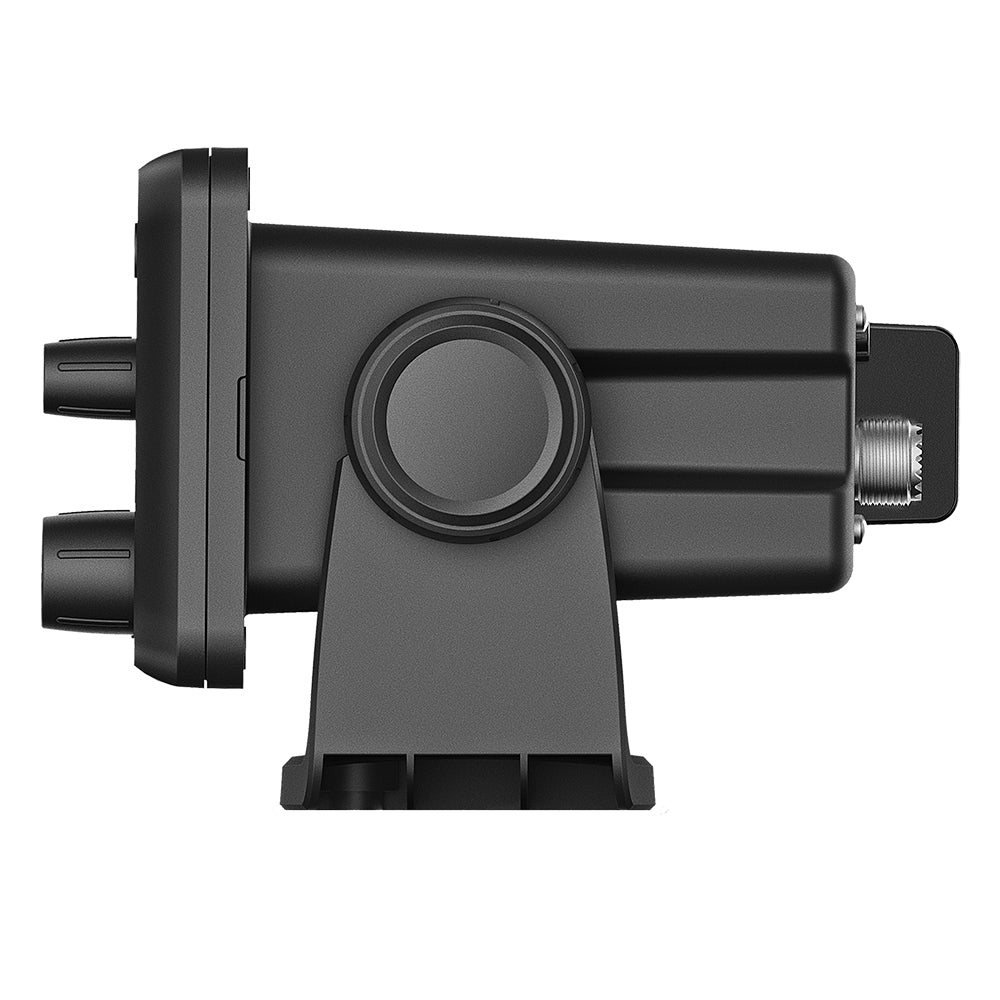 Black car audio amplifier with circular port and metal connector, high-quality installation component
