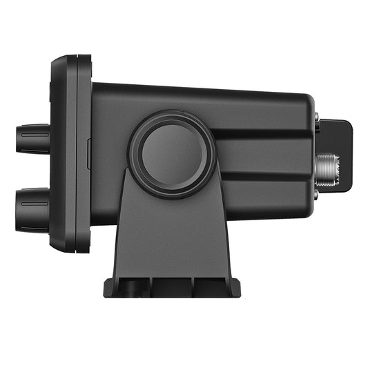 Black car audio amplifier with circular port and metal connector, high-quality installation component