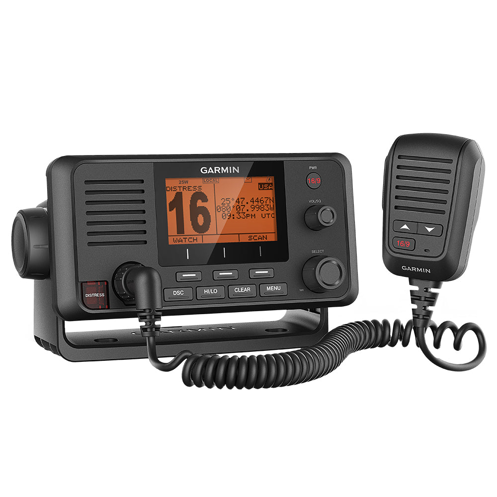 Garmin marine VHF radio with handheld mic, displaying channel 16 and GPS coordinates for boating safety.