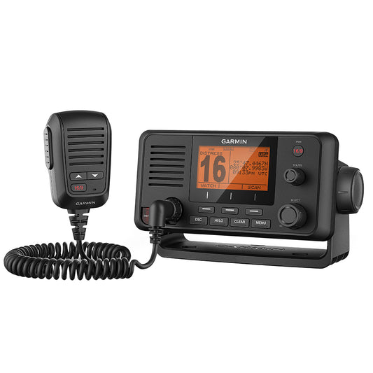 Garmin marine VHF radio with microphone, displaying channel 16 and GPS coordinates for boating safety.