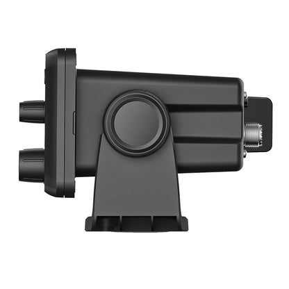 Black car audio amplifier with circular port and mounting bracket for JL Audio or Alpine systems