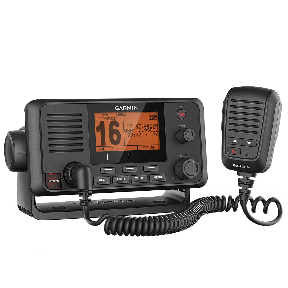 Garmin marine VHF radio with distress button and coiled mic, displaying channel 16 and GPS coordinates