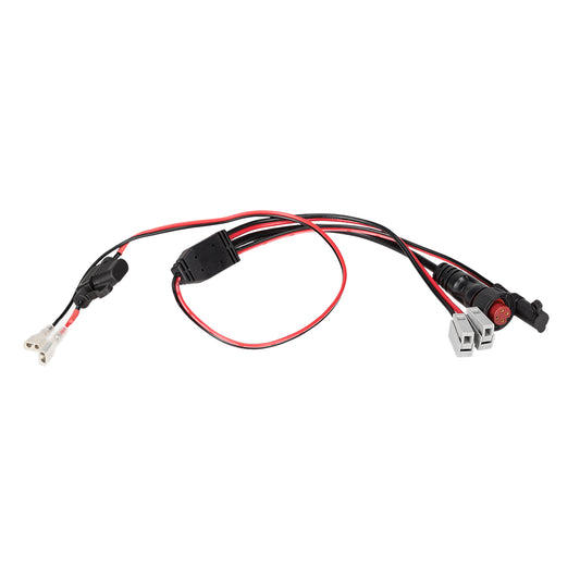 Red and black wiring harness with connectors for car audio installation