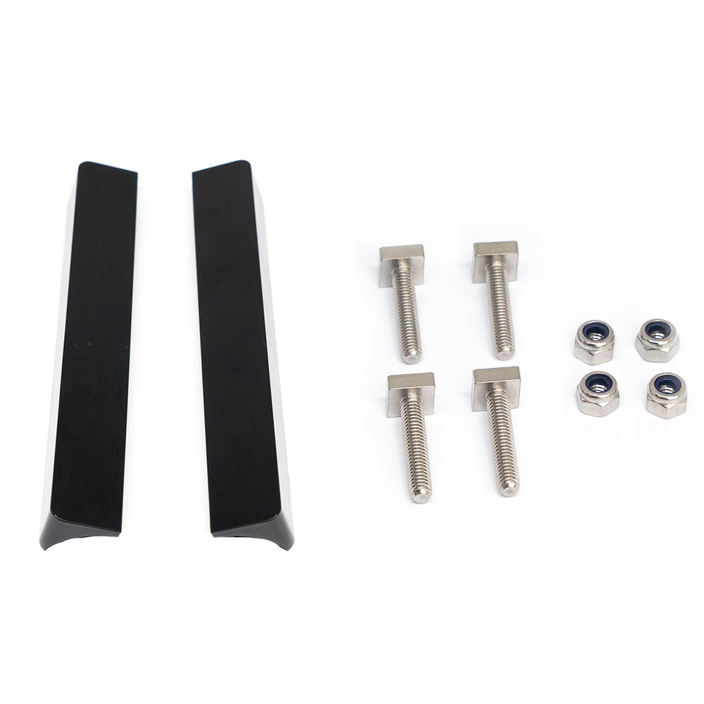 Black aluminum trim strips with stainless steel mounting bolts and nuts for auto audio installation