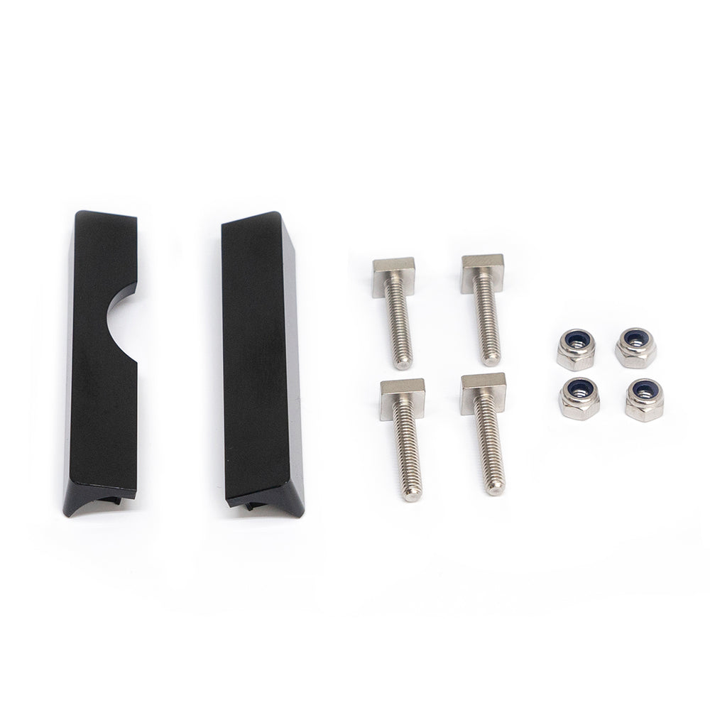 Black mounting brackets with stainless steel bolts and nuts for auto audio installation