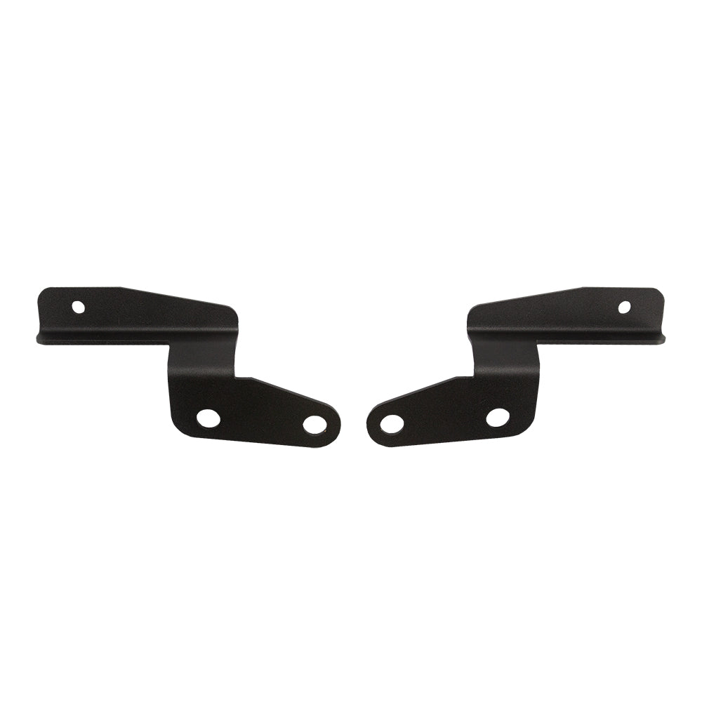 Black metal mounting brackets for car audio or auto installation, featuring precision cutouts and durable finish.