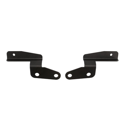 Black metal mounting brackets for car audio or auto installation, featuring precision cutouts and durable finish.