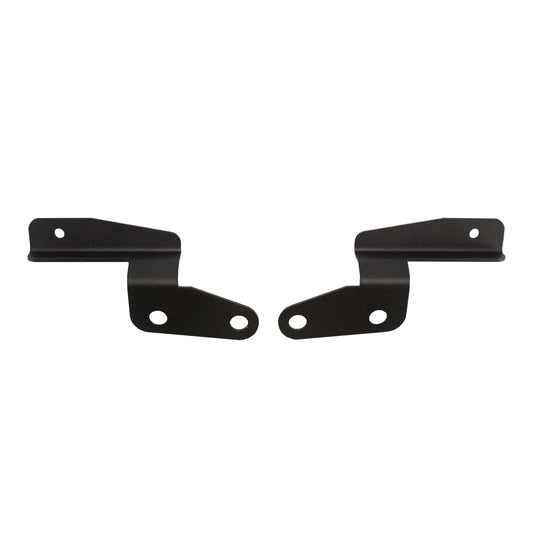 Black metal mounting brackets for car audio or auto installation, featuring precision cutouts and durable finish.