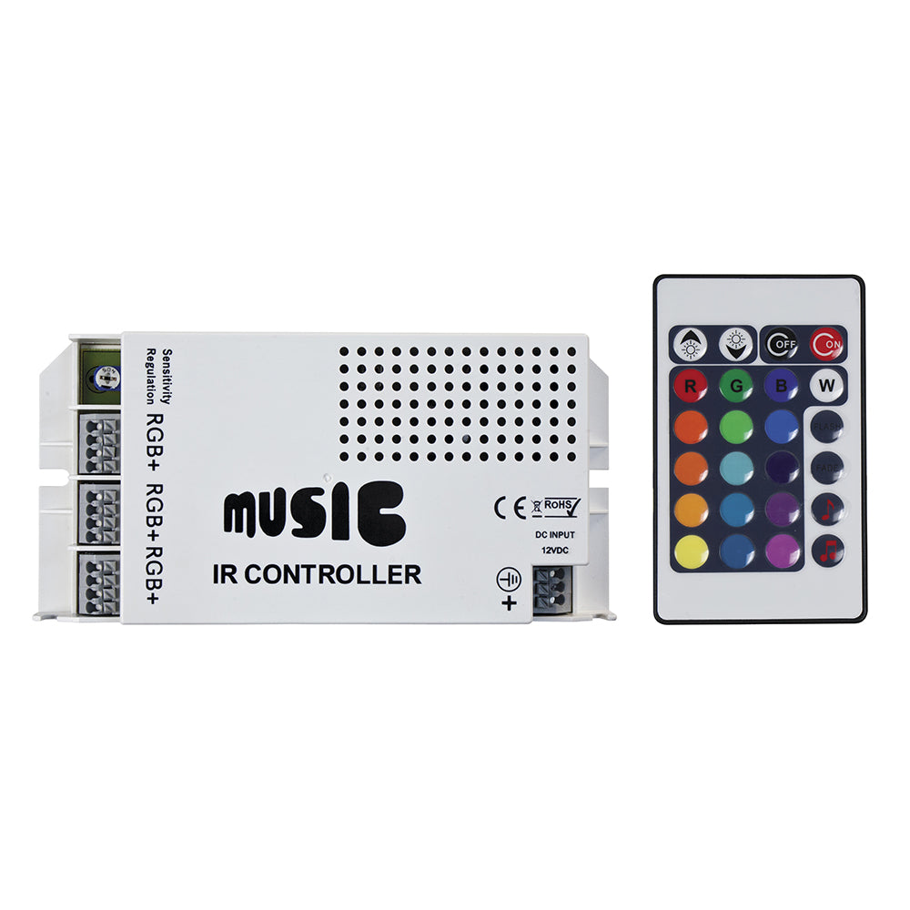 Music IR controller with remote for RGB+ LED lighting, 12VDC input, color and mode selection buttons