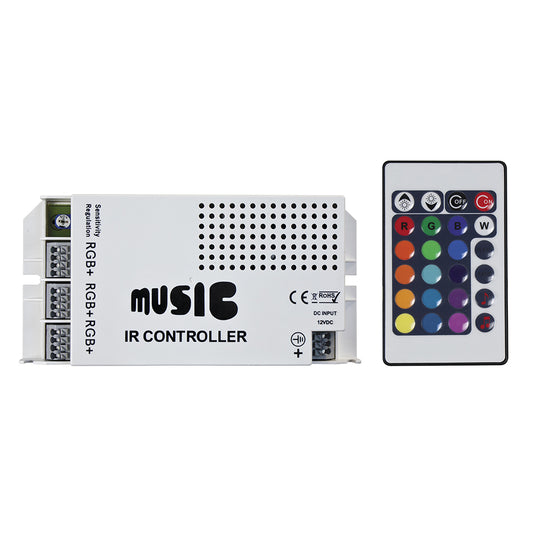 Music IR controller with remote for RGB+ LED lighting, 12VDC input, color and mode selection buttons