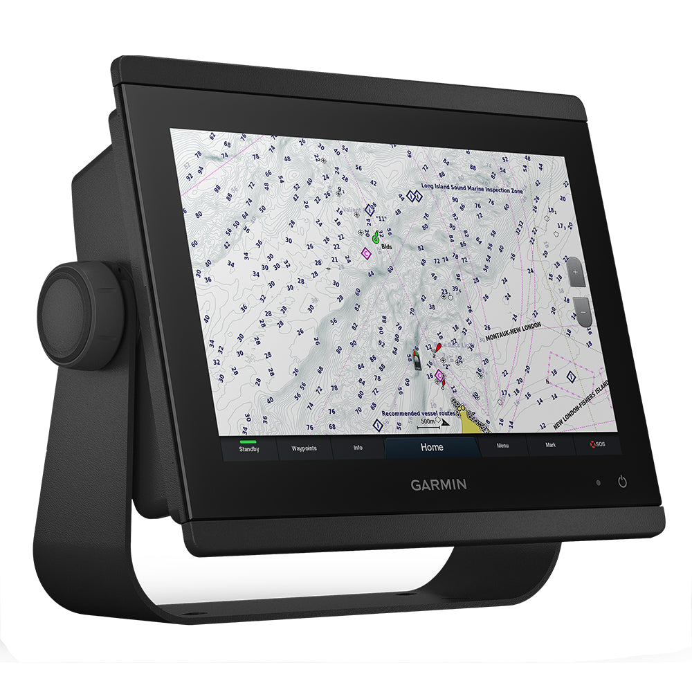 Garmin marine GPS chartplotter displaying nautical map with depth contours and navigation routes