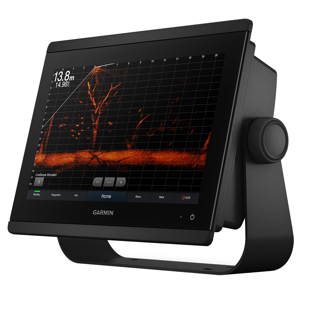 Garmin marine fish finder with LiveScope sonar display showing depth and underwater imagery
