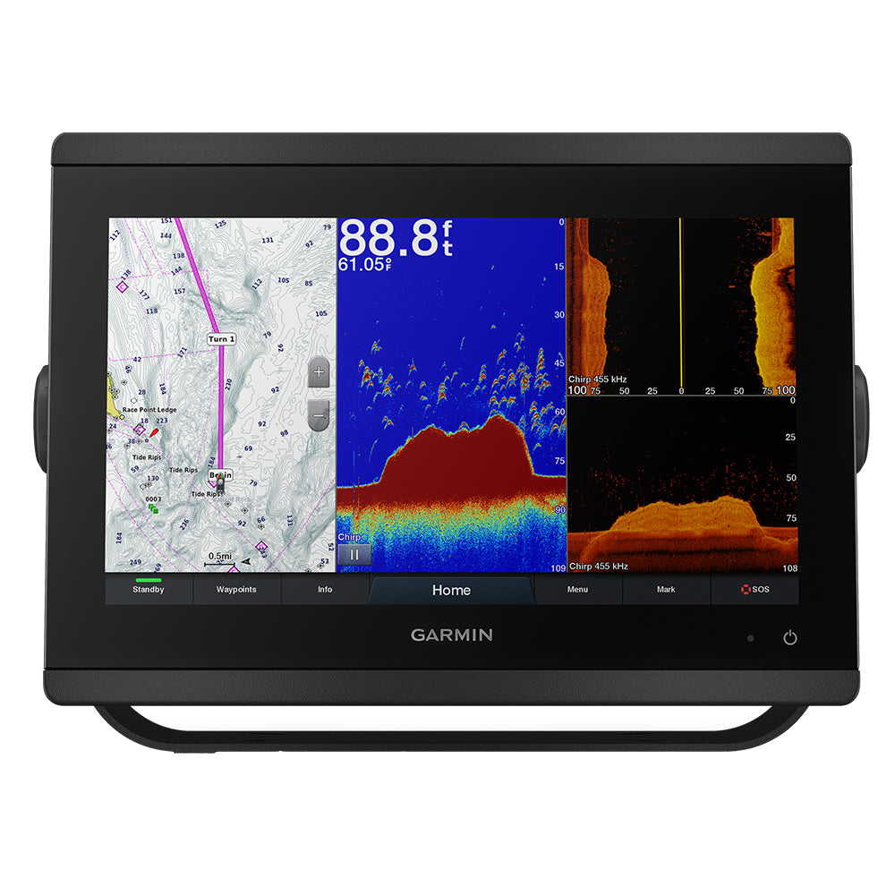Garmin marine GPS chartplotter with fish finder and sonar display for boating navigation