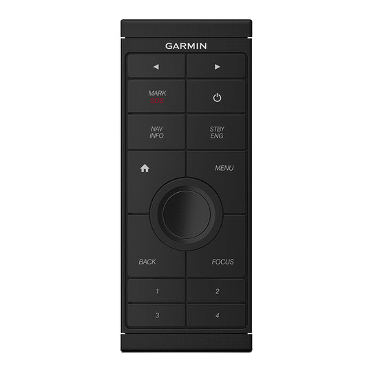 Garmin marine remote control with SOS, navigation, and menu buttons for boat electronics