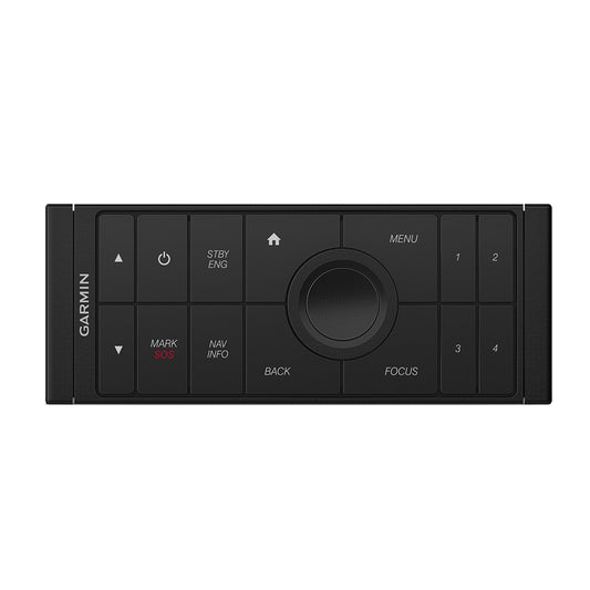 Garmin marine control panel with rotary dial, SOS button, and navigation keys for boat electronics