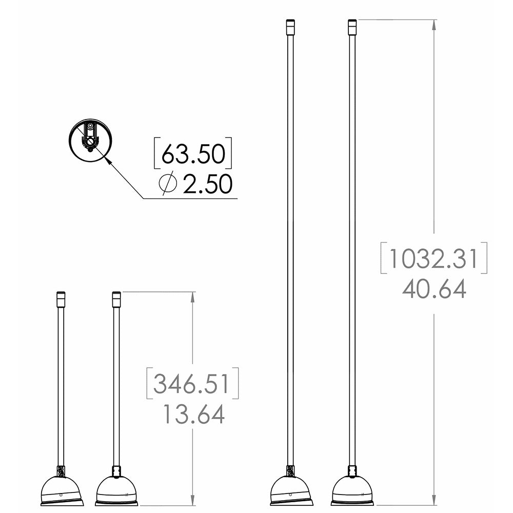 Technical diagram showing dimensions of audio installation mounting poles for car or home systems